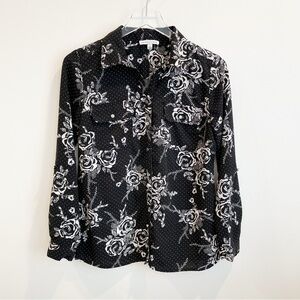Notations Black Rose Floral Button Down Blouse Shirt Top